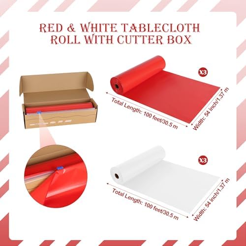 6 Rolls 100FT x 54IN Circus Plastic Tablecloth Roll with Slide Cutter Box in White, red, alternate view 7