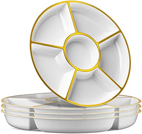 6 Sectional Round Plastic Serving Tray/Platter (2, White & Gold) in White & Gold