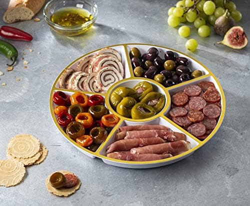 6 Sectional Round Plastic Serving Tray/Platter (2, White & Gold) in White & Gold, alternate view 2