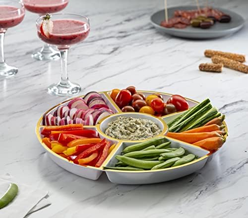 6 Sectional Round Plastic Serving Tray/Platter (2, White & Gold) in White & Gold, alternate view 3