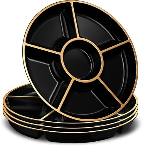 6 Sectional Round Plastic Serving Tray/Platters Black & Gold Pack of 8 in Black & Gold