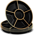6 Sectional Round Plastic Serving Tray/Platters Black & Gold Pack of 8 in Black & Gold