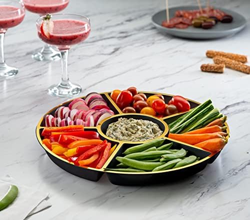 6 Sectional Round Plastic Serving Tray/Platters Black & Gold Pack of 8 in Black & Gold, alternate view 3