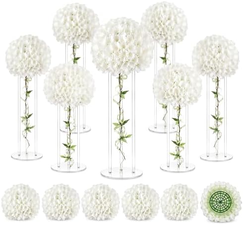 6 Set 20 Inch Tall Acrylic Stand and Artificial Flower Set in White