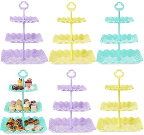 6 Set 3 Tier Plastic Cupcake Stand Macaron Color Dessert Cup Cake Holder Tower Reusable Tiered Serving Tray