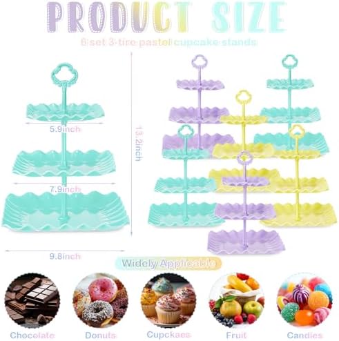 6 Set 3 Tier Plastic Cupcake Stand Macaron Color Dessert Cup Cake Holder Tower Reusable Tiered Serving Tray, alternate view 3