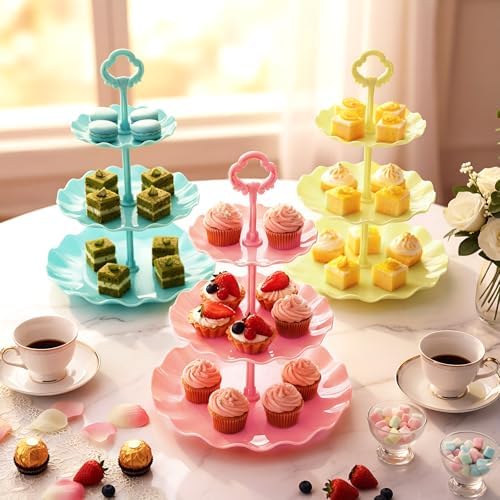 6 Set 3 Tier Plastic Cupcake Stand Macaron Color Dessert Cup Cake Holder Tower Reusable Tiered Serving Tray, alternate view 2