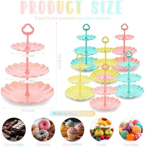 6 Set 3 Tier Plastic Cupcake Stand Macaron Color Dessert Cup Cake Holder Tower Reusable Tiered Serving Tray, alternate view 3