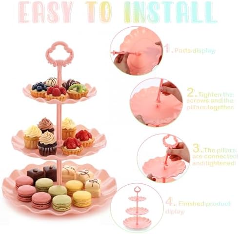 6 Set 3 Tier Plastic Cupcake Stand Macaron Color Dessert Cup Cake Holder Tower Reusable Tiered Serving Tray, alternate view 5