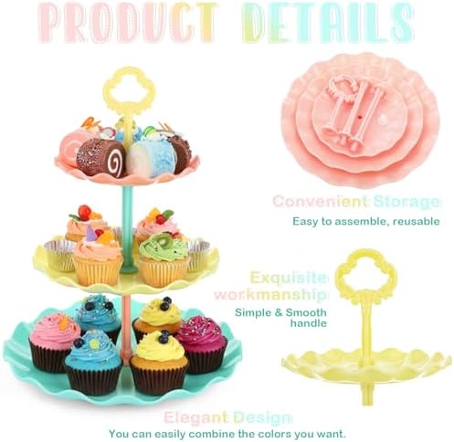 6 Set 3 Tier Plastic Cupcake Stand Macaron Color Dessert Cup Cake Holder Tower Reusable Tiered Serving Tray, alternate view 6