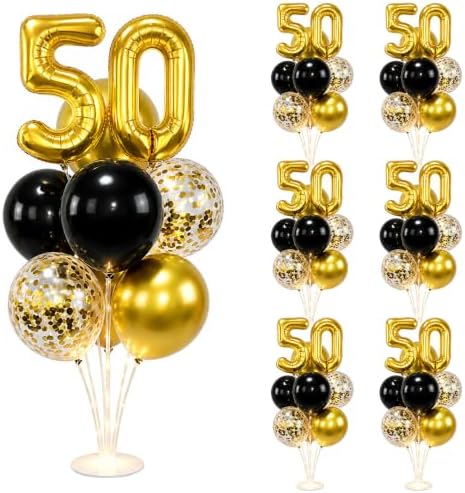 6 Set 50th Birthday Party Balloon Table Centerpieces with LED Light up in 10 inch in Black, gold, clear
