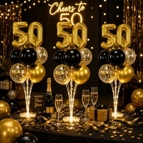 6 Set 50th Birthday Party Balloon Table Centerpieces with LED Light up in 10 inch in Black, gold, clear, alternate view 2