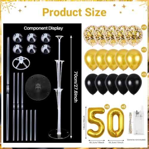 6 Set 50th Birthday Party Balloon Table Centerpieces with LED Light up in 10 inch in Black, gold, clear, alternate view 3