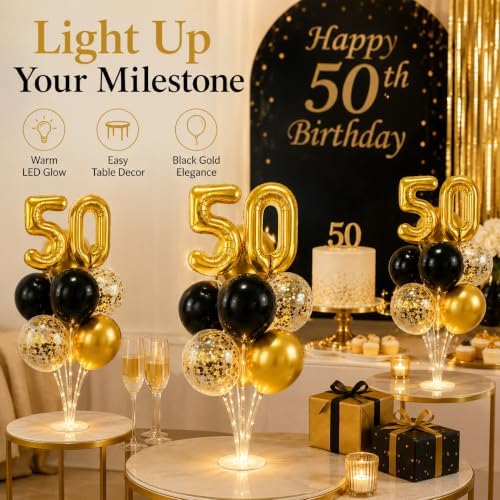6 Set 50th Birthday Party Balloon Table Centerpieces with LED Light up in 10 inch in Black, gold, clear, alternate view 4