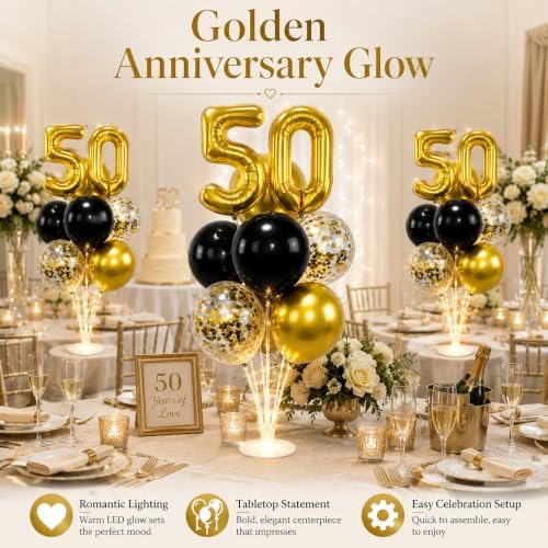 6 Set 50th Birthday Party Balloon Table Centerpieces with LED Light up in 10 inch in Black, gold, clear, alternate view 5