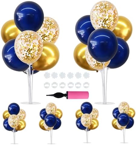 6 Set Navy Blue Gold Balloons Stand Balloon Centerpieces for Table in 6 Count (Pack of 1) in Black White Gold