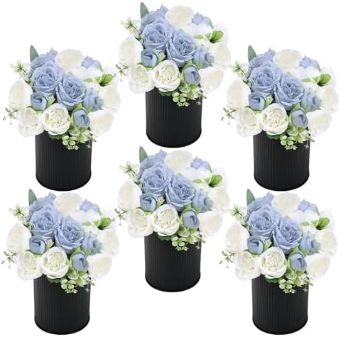 6 Set Pre-Made Flower Table Centerpieces - Dusty Blue & White in Dusty Blue & White