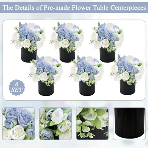 6 Set Pre-Made Flower Table Centerpieces - Dusty Blue & White in Dusty Blue & White, alternate view 6