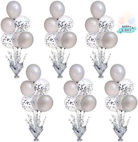 6 Set Silver Table Balloons Centerpiece Stand Kit with Silver and Confetti Balloons for Graduation Birthday