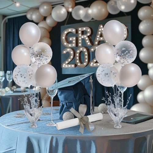 6 Set Silver Table Balloons Centerpiece Stand Kit with Silver and Confetti Balloons for Graduation Birthday, alternate view 2
