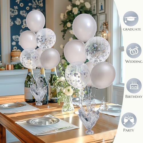 6 Set Silver Table Balloons Centerpiece Stand Kit with Silver and Confetti Balloons for Graduation Birthday, alternate view 5