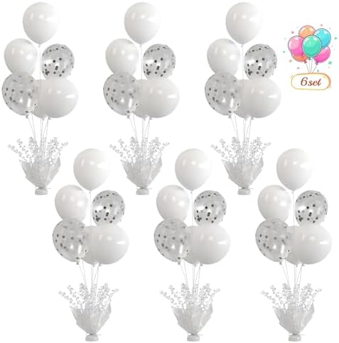 6 Set White Table Balloons Centerpiece with White and Confetti Balloons Stand Kit for Birthday Party Baby Shower