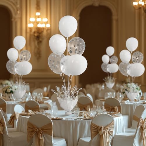 6 Set White Table Balloons Centerpiece with White and Confetti Balloons Stand Kit for Birthday Party Baby Shower, alternate