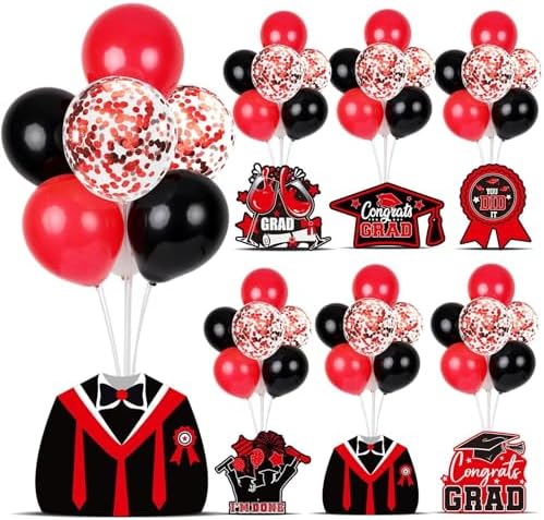 6 Sets 2026 Graduation Balloon Stand Kit for Table Black Red Balloon Class of 2026 Congrats Grad Table