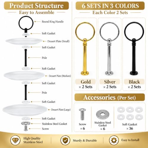 6 Sets 3 Tier Cake Stand Hardware Kit, Silver Gold Black Tiered Tray Rods with Circle Handles, Screws and, alternate view 3