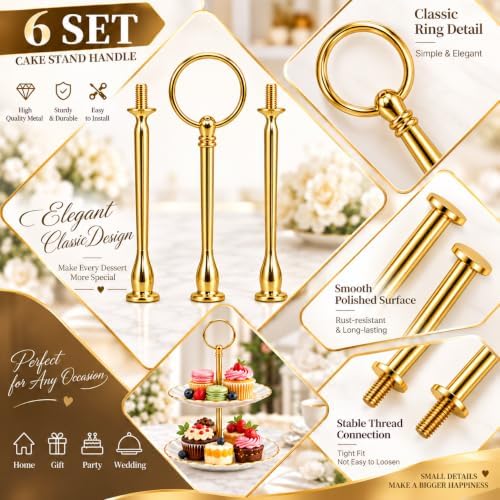 6 Sets 3 Tier Cake Stand Hardware Kit, Silver Gold Black Tiered Tray Rods with Circle Handles, Screws and, alternate view 5