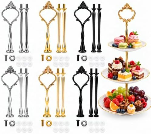 6 Sets 3 Tier Cake Stand Hardware Kit, Silver Gold Black Tiered Tray Rods with Crown Handles, Screws and Washers