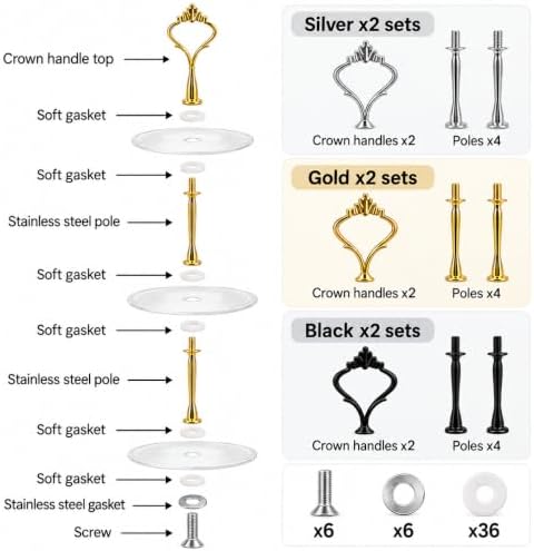 6 Sets 3 Tier Cake Stand Hardware Kit, Silver Gold Black Tiered Tray Rods with Crown Handles, Screws and Washers, alternate