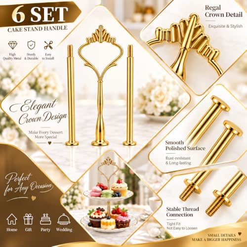 6 Sets 3 Tier Cake Stand Hardware Kit, Silver Gold Black Tiered Tray Rods with Crown Handles, Screws and Washers, alternate