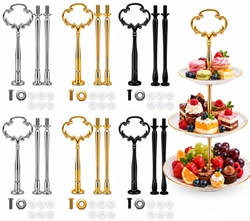 6 Sets 3 Tier Cake Stand Hardware Kit, Silver Gold Black Tiered Tray Rods with Crown Handles, Screws and Washers