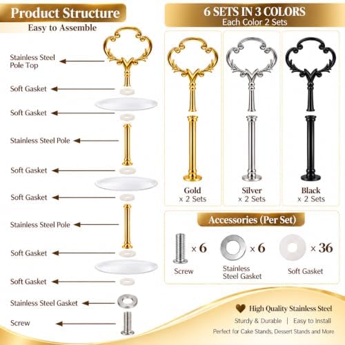 6 Sets 3 Tier Cake Stand Hardware Kit, Silver Gold Black Tiered Tray Rods with Crown Handles, Screws and Washers, alternate