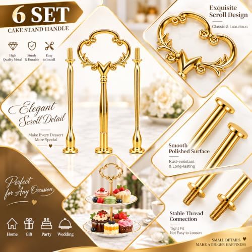 6 Sets 3 Tier Cake Stand Hardware Kit, Silver Gold Black Tiered Tray Rods with Crown Handles, Screws and Washers, alternate
