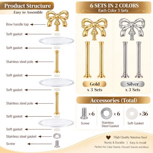 6 Sets 3 Tier Cake Stand Hardware Kit, Silver Gold Tiered Tray Rods with Butterfly Handles, Screws and Washers, alternate