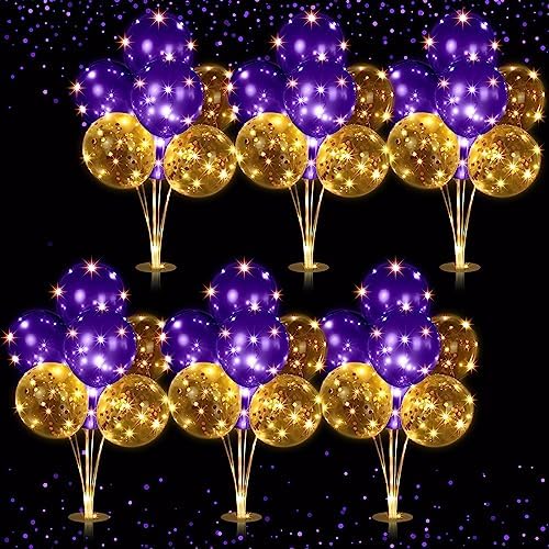 6 Sets 60 Pcs Lighted Balloons Centerpiece Table, Purple in 10 Count (Pack of 6) in Purple
