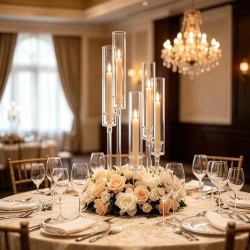 6 Sets Acrylic Candelabra Centerpieces for Table,5 Arm Clear Candle Holder in Clear, alternate view 2