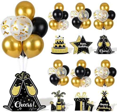 6 Sets Birthday Balloon Stand Kit for Table Happy Birthday Black Gold Balloon Centerpiece Decor Black and Gold