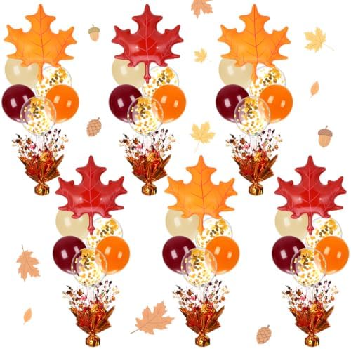 6 Sets Fall Balloon Stands, Autumn Maple Leaf Table Centerpieces in Multicolor