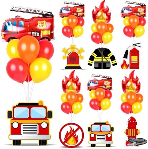 6 Sets Fire Fighting Party Balloon Stand Kit for Table Red Yellow Balloon Centerpiece Decor Fire Truck Party