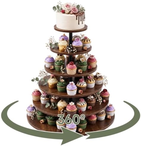 6 Tier Large Cupcake Stand for 80 Cupcake Rustic Tower Tree 360° Rotatable Cupcakes Holder Wood Dessert Table