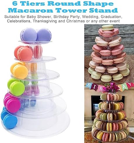 6 Tiers Round Macaron Tower Stand Plastic Cake Stand Macaron Display Rack in Transparent, alternate view 3