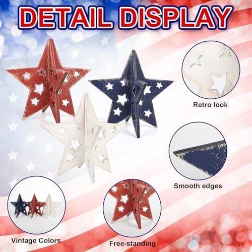 6" Vintage Red Blue White Patriotic 3D Stars, 4th of July Decorations Set, alternate view 4