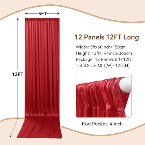 60×14ft Wrinkle Free Red Backdrop Curtain, Soft Silky Easy to Drape Wedding Drapes for Backdrop, 12 Panels, alternate view 4