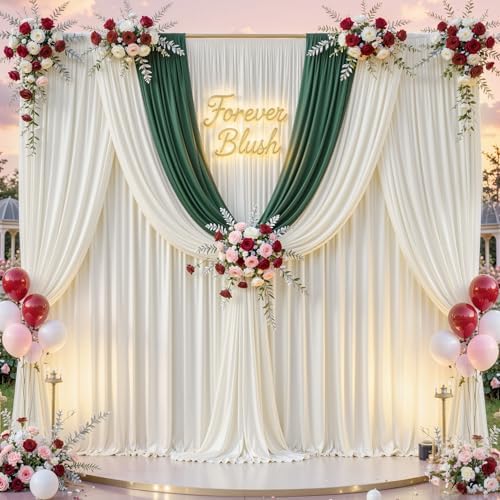 60 ft x 10 ft Wrinkle Free Ivory Backdrop Curtain for Parties, 12 Panels 10ft Polyester Ivory Photo Backdrop