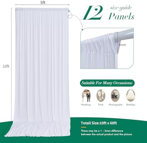 60 ft x 10 ft Wrinkle Free White Backdrop Curtain for Parties, 12 Panels 10ft Polyester White Photo Backdrop, alternate view