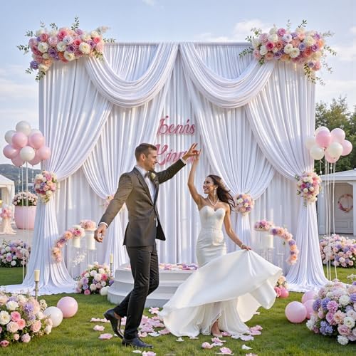 60 ft x 10 ft Wrinkle Free White Backdrop Curtain for Parties, 12 Panels 10ft Polyester White Photo Backdrop, alternate view