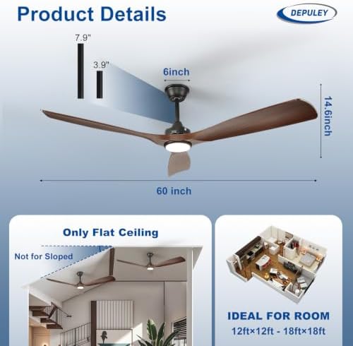60-Inch Ceiling Fan with Light: Walnut 3 Blade Outdoor Fans for Patios - Dimmable Indoor Fan with Remote Control, alternate